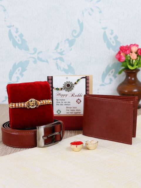 

TIED RIBBONS Red & Gold-Toned Stone-Studded Rakhi Gift Set