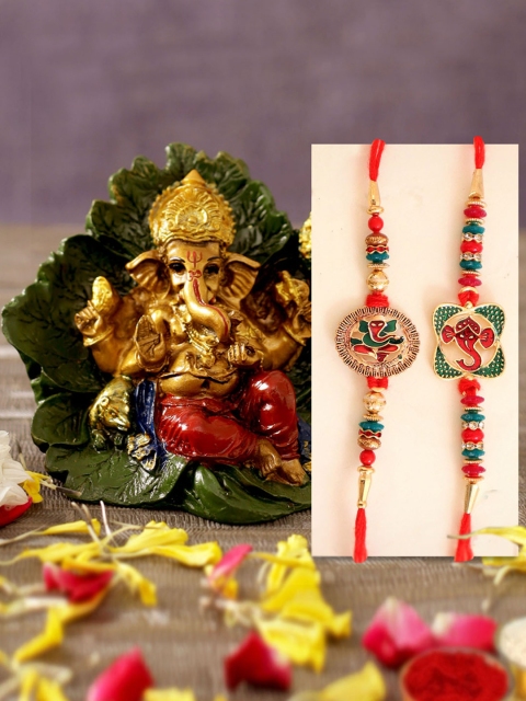 

TIED RIBBONS Set of 2 Multicoloured Handmade Rakhi with Ganesha Idol Gift Set, Multi