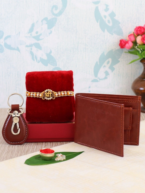 

Shree Rakhi For Men With Lather Wallet & Keychain Combo Gift Set, Gold