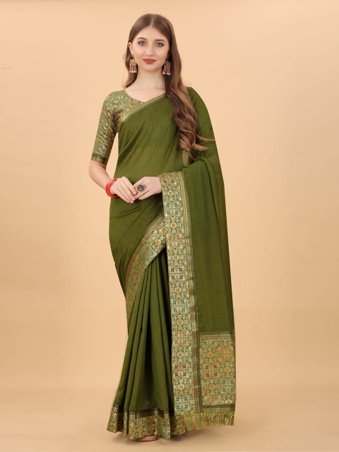 

GUNVANTI FAB Olive Green & Gold-Toned Zari Silk Blend Fusion Saree