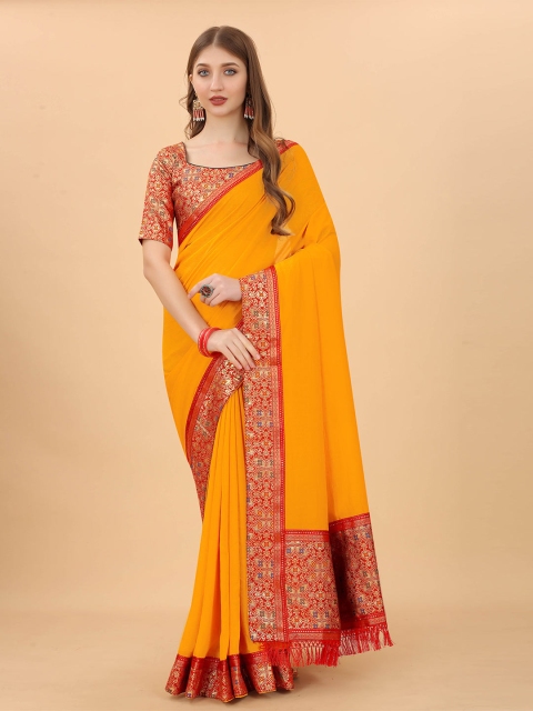 

GUNVANTI FAB Yellow & Red Embroidered Silk Blend Fusion Saree