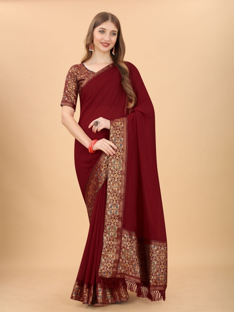 

GUNVANTI FAB Maroon & Gold-Toned Zari Silk Blend Fusion Saree