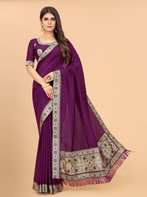 

GUNVANTI FAB Purple & Gold-Toned Silk Blend Fusion Saree