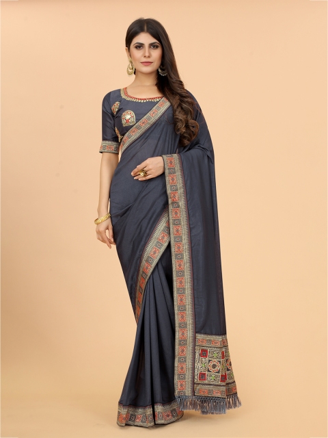

GUNVANTI FAB Charcoal Grey & Red Ethnic Motifs Silk Blend Saree