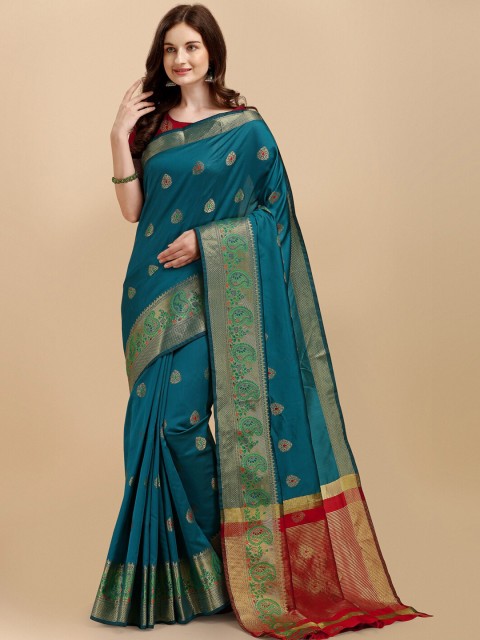 

ZIKARAA Teal & Red Paisley Zari Silk Cotton Banarasi Saree