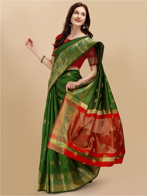 

ZIKARAA Green & Red Floral Woven Design Zari Silk Cotton Banarasi Saree