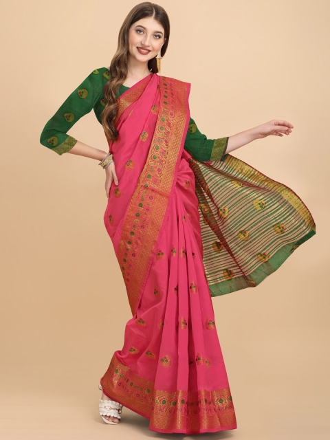 

ZIKARAA Pink & Green Woven Design Zari Silk Cotton Banarasi Saree