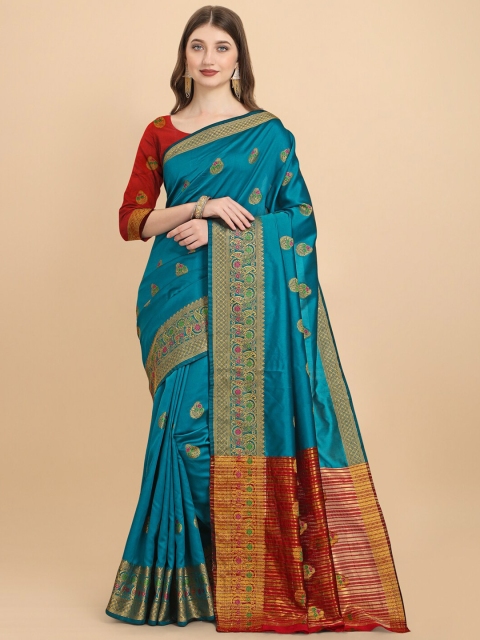

ZIKARAA Teal & Red Floral Zari Silk Cotton Banarasi Saree