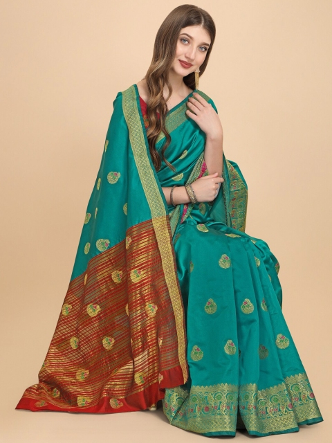 

ZIKARAA Sea Green & Red Woven Design Zari Silk Cotton Banarasi Saree