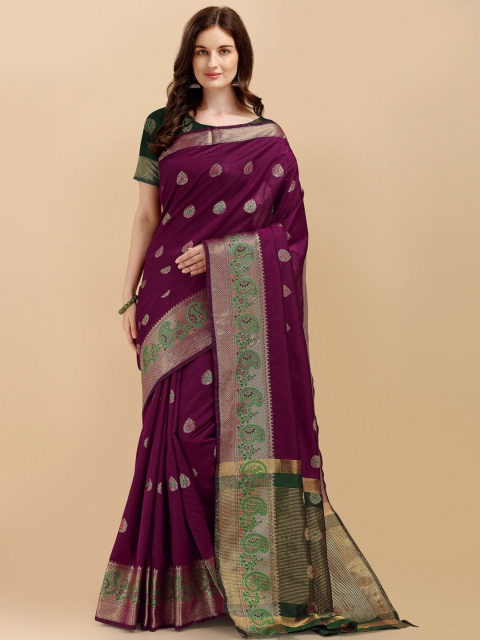 

ZIKARAA Purple & Gold-Toned Floral Zari Silk Cotton Banarasi Saree