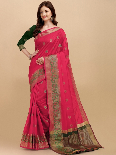 

ZIKARAA Women Pink & Green Paisley Zari Silk Cotton Banarasi Saree