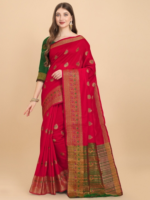 

ZIKARAA Red & Green Woven Design Zari Silk Cotton Banarasi Saree