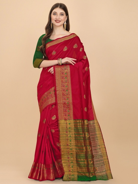 

ZIKARAA Pink & Green Woven Design Zari Silk Cotton Banarasi Saree