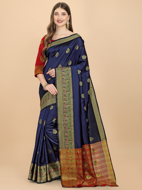 

ZIKARAA Women Navy Blue & Red Woven Design Zari Silk Cotton Banarasi Saree