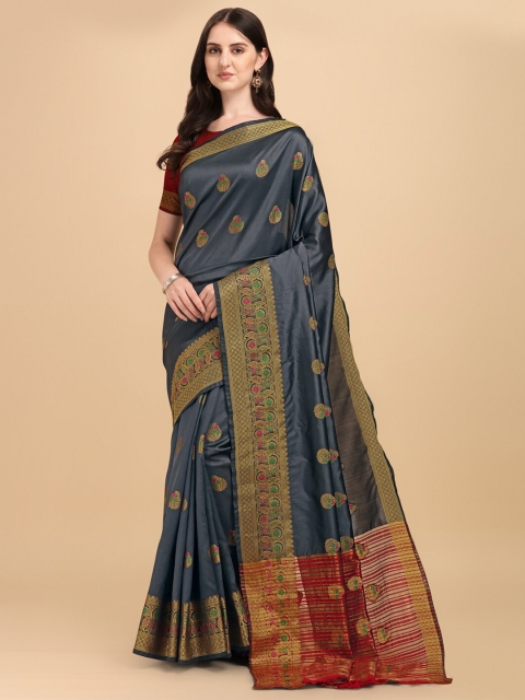 

ZIKARAA Grey & Maroon Zari Silk Cotton Banarasi Saree