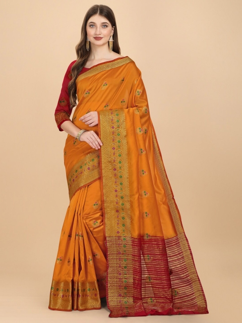 

ZIKARAA Gold-Toned & Red Woven Design Zari Silk Cotton Banarasi Saree