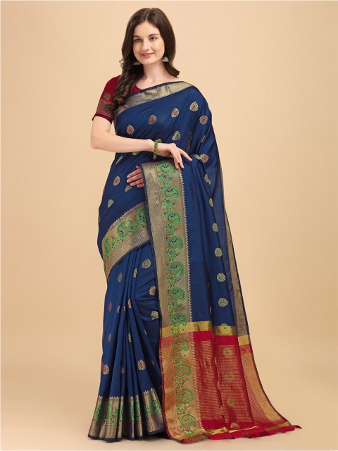 

ZIKARAA Navy Blue & Red Woven Design Zari Silk Cotton Banarasi Saree