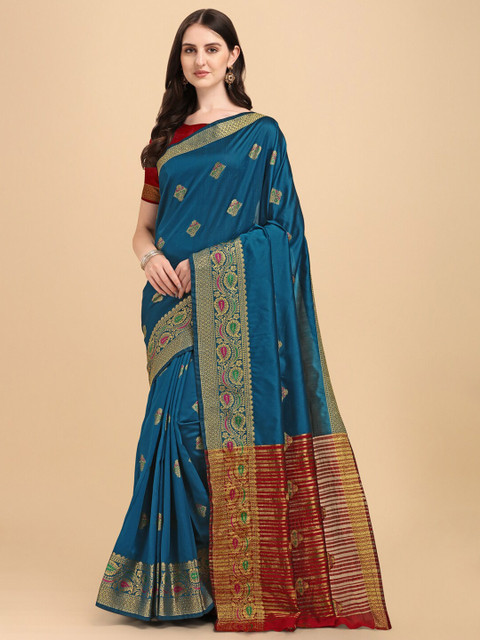 

ZIKARAA Teal & Red Woven Design Zari Silk Cotton Banarasi Saree