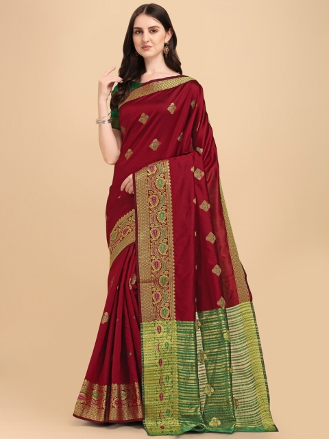 

ZIKARAA Maroon & Green Woven Design Zari Silk Cotton Banarasi Saree