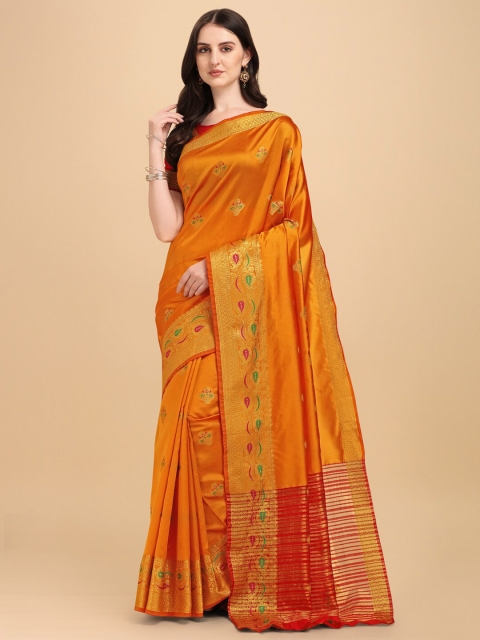 

ZIKARAA Gold-Toned & Red Woven Design Zari Silk Cotton Banarasi Saree