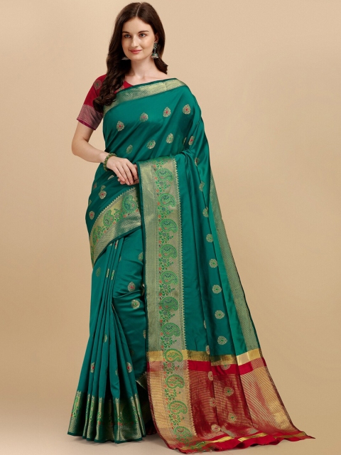 

ZIKARAA Sea Green & Red Floral Zari Silk Cotton Banarasi Saree