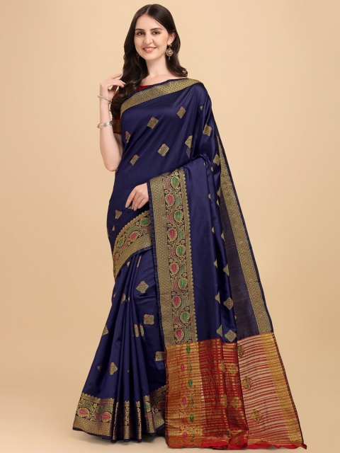

ZIKARAA Navy Blue & Red Woven Design Zari Silk Cotton Banarasi Saree