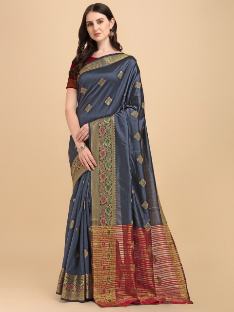 

ZIKARAA Grey & Red Woven Design Zari Silk Cotton Banarasi Saree