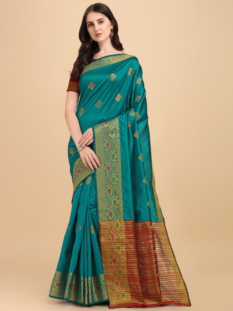 

ZIKARAA Teal & Red Woven Design Zari Silk Cotton Banarasi Saree