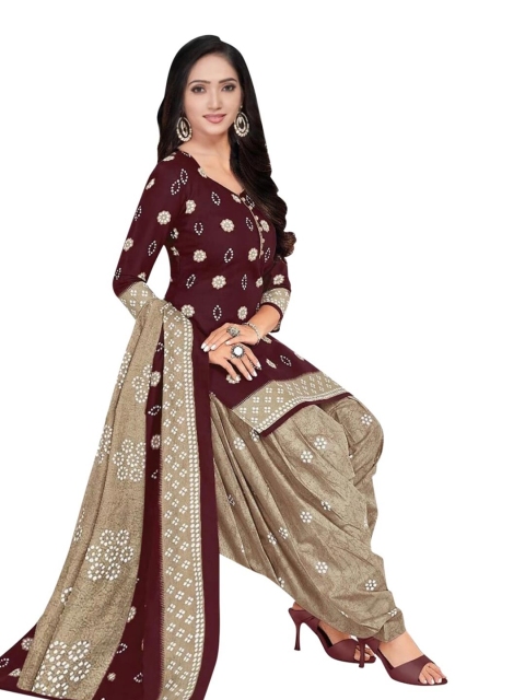 

INDIAN HERITAGE Brown & Beige Printed Silk Crepe Unstitched Dress Material