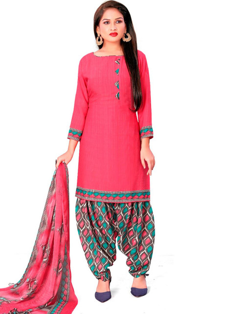 

INDIAN HERITAGE Pink & Turquoise Blue Printed Silk Crepe Unstitched Dress Material