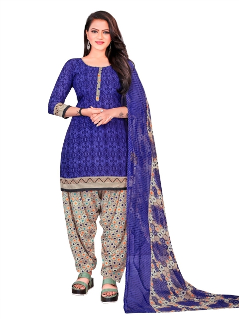 

INDIAN HERITAGE Blue & Orange Printed Silk Crepe Unstitched Dress Material