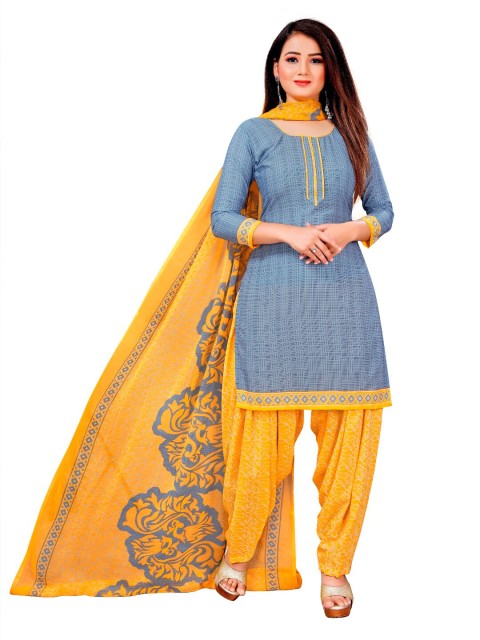 

INDIAN HERITAGE Grey & Yellow Printed Silk Crepe Unstitched Dress Material