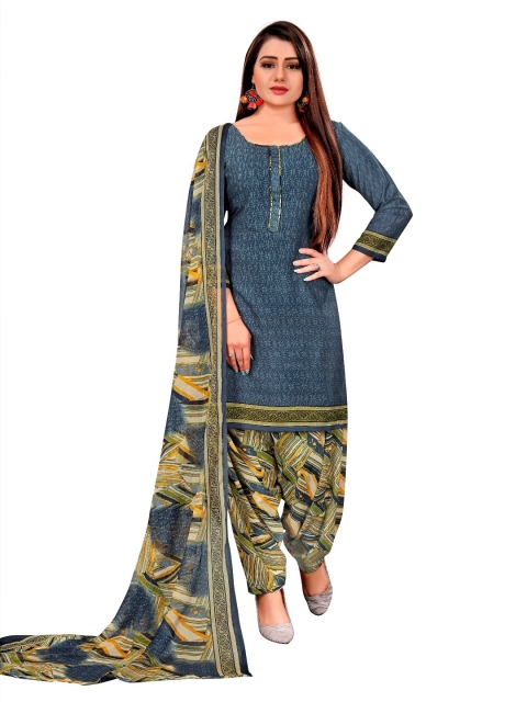 

INDIAN HERITAGE Grey & Yellow Printed Silk Crepe Unstitched Dress Material