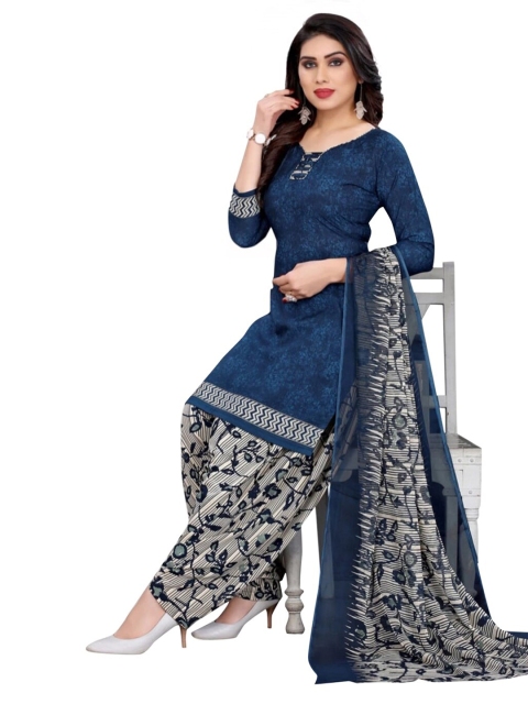 

INDIAN HERITAGE Navy Blue & Grey Printed Silk Crepe Unstitched Dress Material