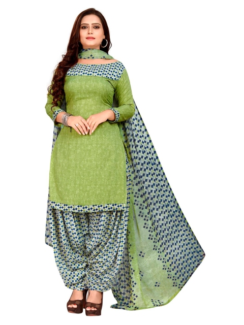 

INDIAN HERITAGE Green & Blue Printed Silk Crepe Unstitched Dress Material