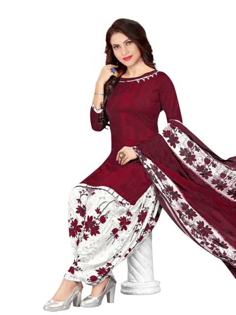 

INDIAN HERITAGE Maroon & Off White Printed Silk Crepe Unstitched Dress Material