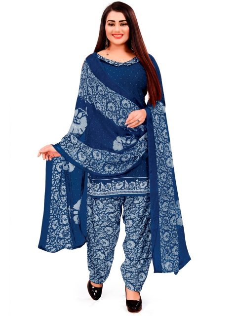 

INDIAN HERITAGE Navy Blue Printed Silk Crepe Unstitched Dress Material