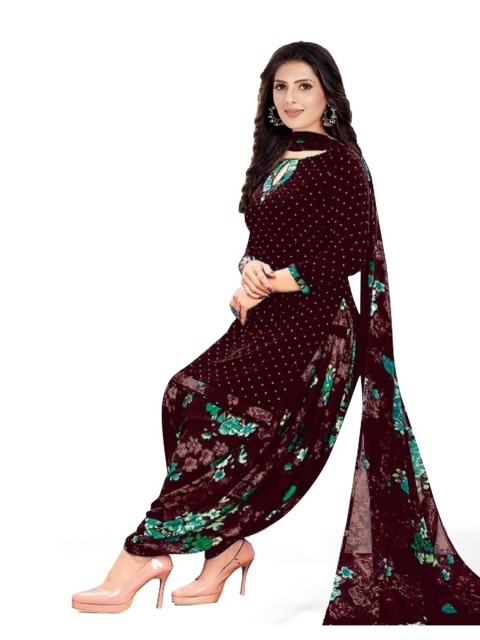 

INDIAN HERITAGE Brown & Blue Printed Silk Crepe Unstitched Dress Material