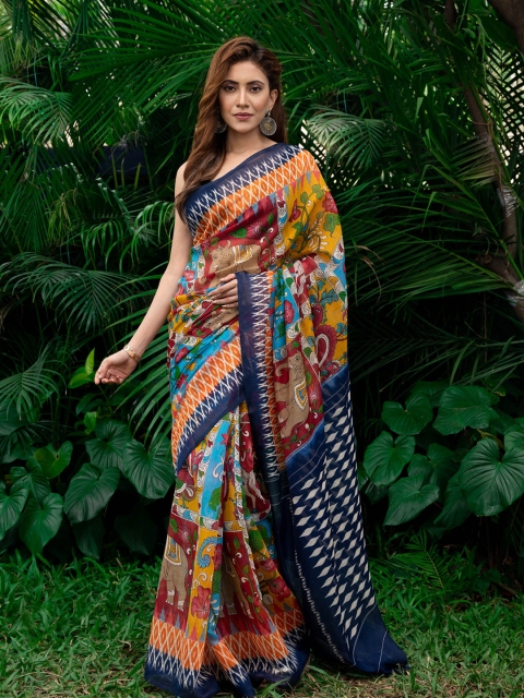 

BEATITUDE Yellow & Green Kalamkari Saree