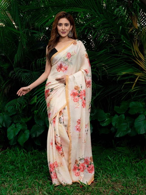 

BEATITUDE White & Pink Floral Silk Blend Saree