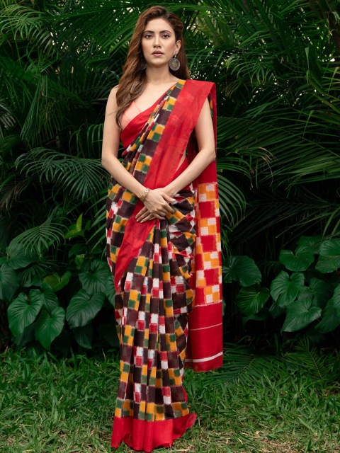 

BEATITUDE Red & Brown Checked Saree