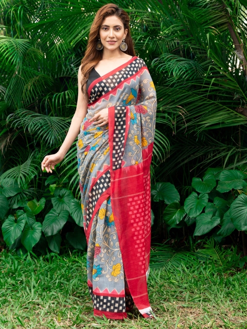 

BEATITUDE Grey & Red Kalamkari Saree