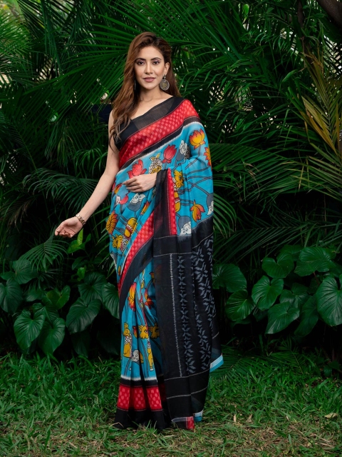 

BEATITUDE Blue & Black Kalamkari Saree
