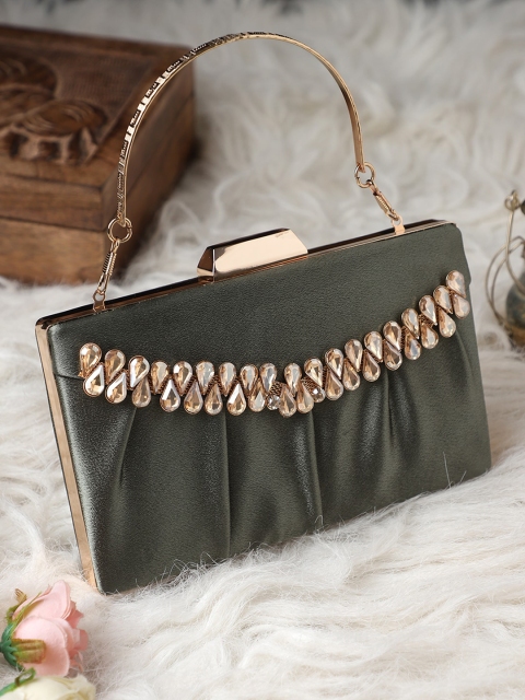 

Exotic Green & Gold-Toned Embellished Box Clutch