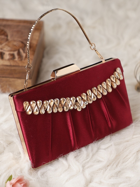 

Exotic Red & Gold-Toned Embellished Box Clutch