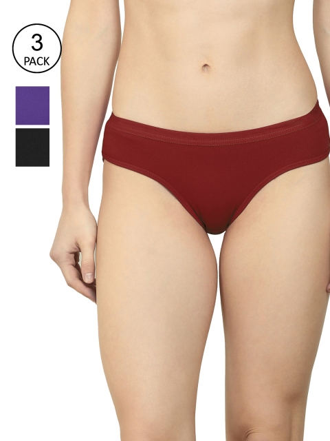 

AROUSY Women Pack Of 3 Solid Maroon Violet & Black Pure Cotton Mid-Rise Hipster Briefs