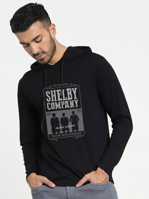 

Bewakoof Men Hooded Long Sleeve Black Typography Loose T-shirt
