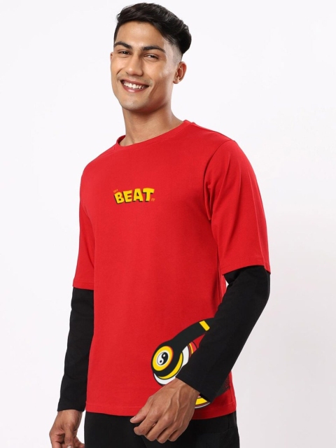 

Bewakoof Men Red Typography Colourblocked Applique Loose T-shirt
