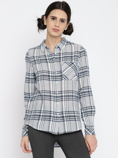 

Vero Moda Women White & Navy Blue Checked Regular Fit Casual Shirt