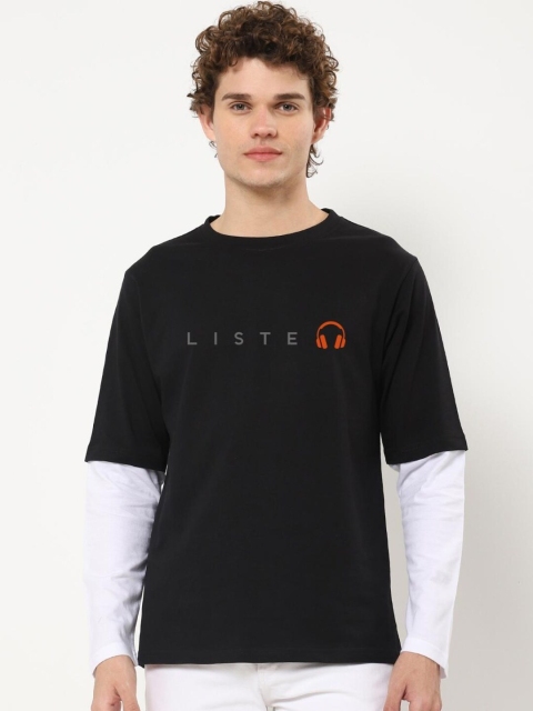 

Bewakoof Men Black & Green Typography Layered Sleeves Pure Cotton Loose T-shirt